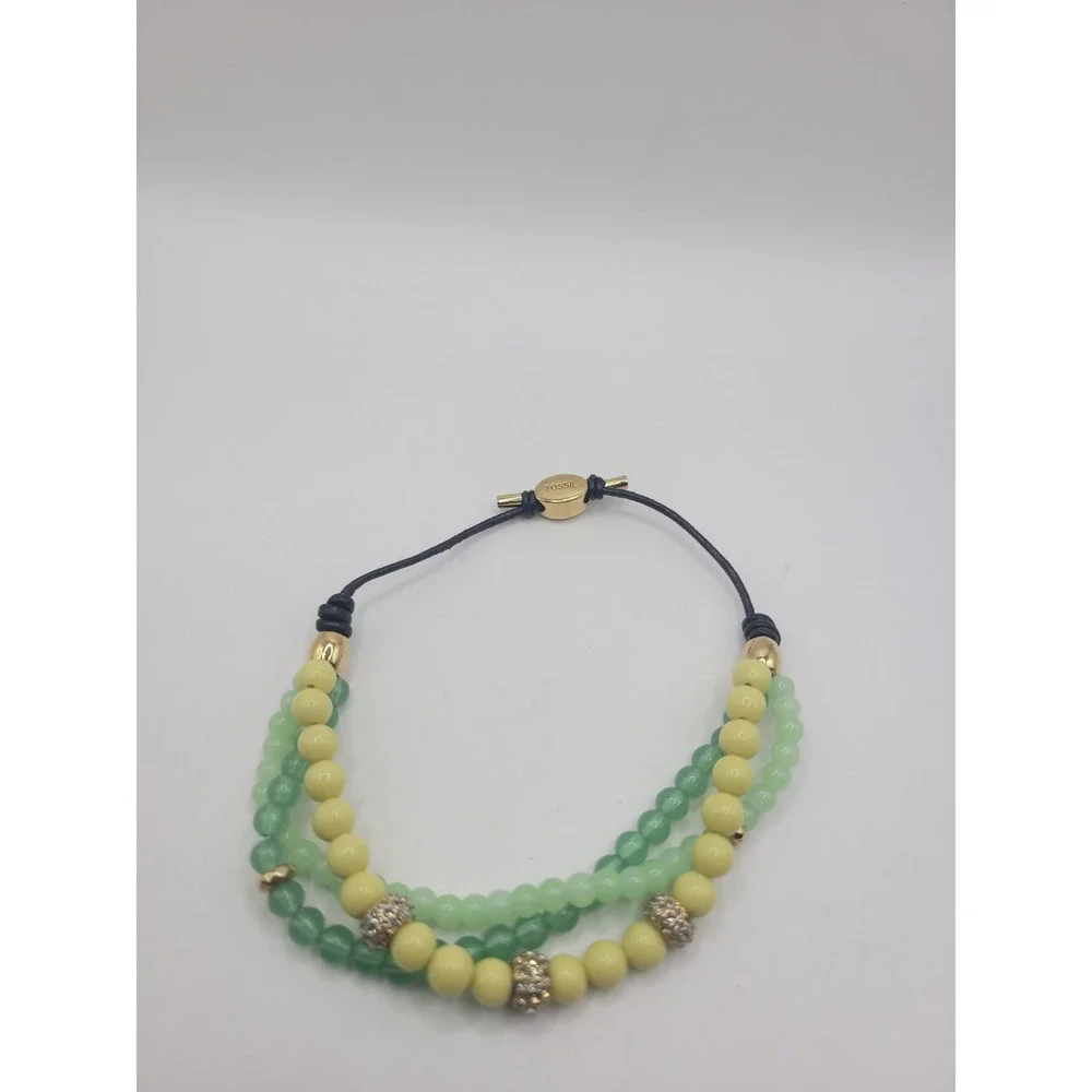 Fossil Green Yellow Multi Strand Beaded Bracelet Gold Tone Crystal Accent Slide